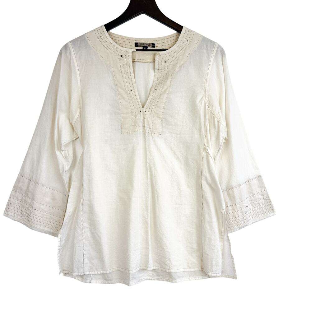 Rozae Nichols Cotton VNeck Tunic Blouse Tie Back Cream Womens - P XS
